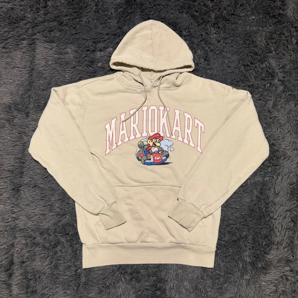 Nintendo Mario Kart Graphic Hoodie Oatmeal Beige Small Sweatshirt